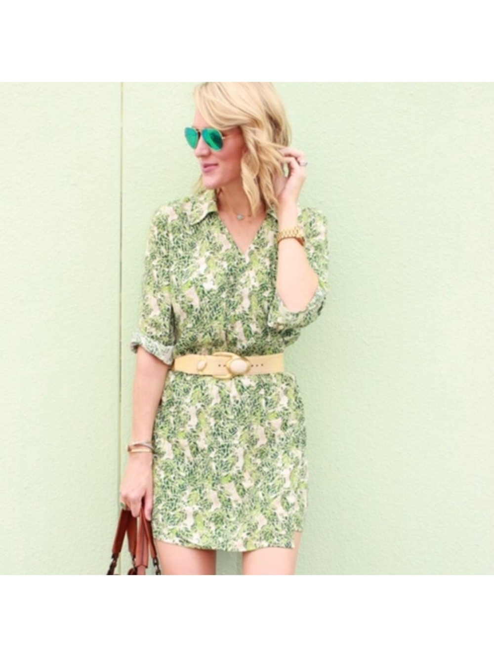 CAbi Leaves Faux Wrap Dress Green 280 Tunic Size Medium